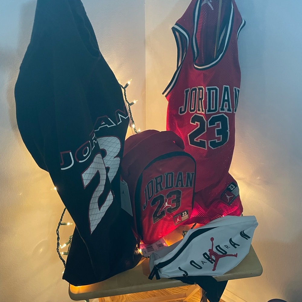 Jordan Brand Bundle! Red and Black Mesh Apparel, 1 lunch bag, one crossbody/fan